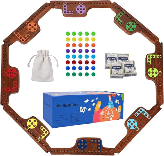 Jokers and Marbles Board Game Wood, 2-8 Players Including Pinball Poker | 8 Wood Game Boards 8 Colors 40 Marbles 4 Decks of Cards Instructions Family Tabletop Game Gift for Adults and Families