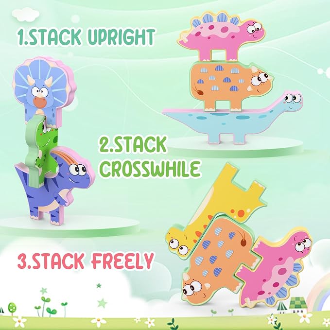 Zeoddler Montessori Toys for Toddlers, 10 Pack Wooden Dinosaur Stacking Blocks, Sorting & Stacking Preschool Learning Activities, Gift for Boys, Girls