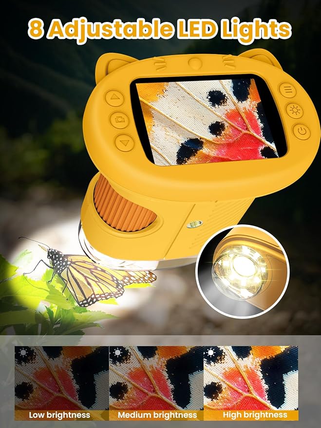 Microscope for Kids, 2.4 Inch Digital Microscope with 1000X Magnification, Handheld Camera Mini Pocket Magnifying Glass, Educational Birthday Gifts Toys for Ages 3+, Yellow