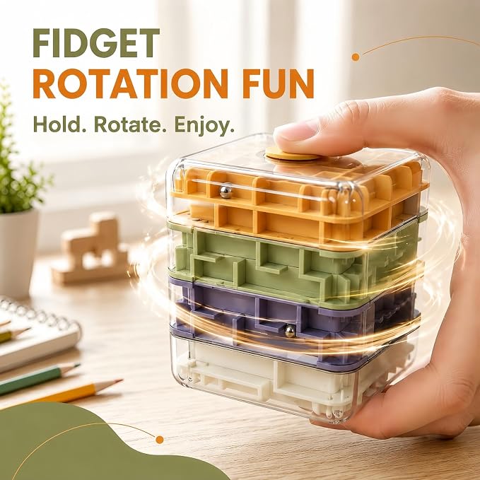 4 Layer 2 in 1 3D Rolling Ball Maze Cube, Kids Fidget Spinning Toys | Fidget Toy and Stress Toy, 3D Brain Teaser Puzzle Game Portable Activity Toy Birthday Gifts for Kids Ages 3-7+ Boys Girls