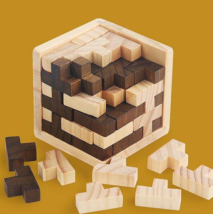 Ahyuan Wooden Brain Teaser Puzzle Cube Wooden Puzzles T-Shaped Jigsaw Logic Puzzle Educational Toy for Kids and Adults by AHYUAN (Brown and Natural)