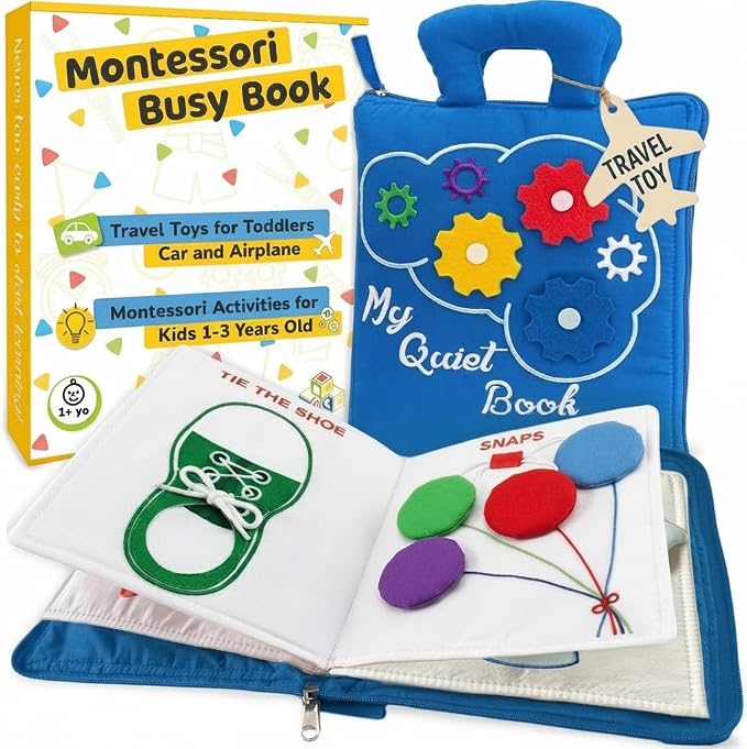 Toddler Travel Toys for Airplane and Car Rides, Busy Book for Toddlers 1-3 | Quiet Book Plane Toys for 1 Year Old, Montessori Activity Book with All Parts Attached, Screen Free Toy Gift