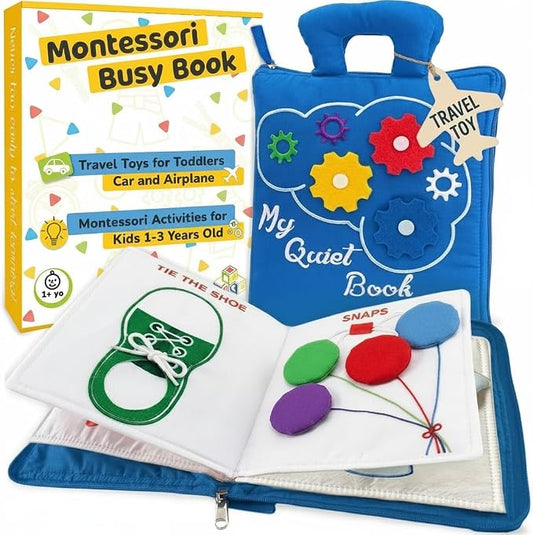 Toddler Travel Toys for Airplane and Car Rides, Busy Book for Toddlers 1-3 | Quiet Book Plane Toys for 1 Year Old, Montessori Activity Book with All Parts Attached, Screen Free Toy Gift