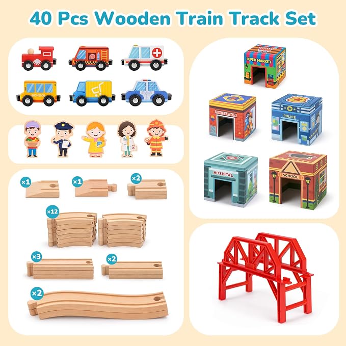 Wooden Train Set for Kids, Wood Train Tracks Complete Town Railway Playset | Train Set for Kids 3-7 with Matching Figures, Vehicles, Stacking and Nesting Blocks, Sorting & Stacking Toys for Boys Girls