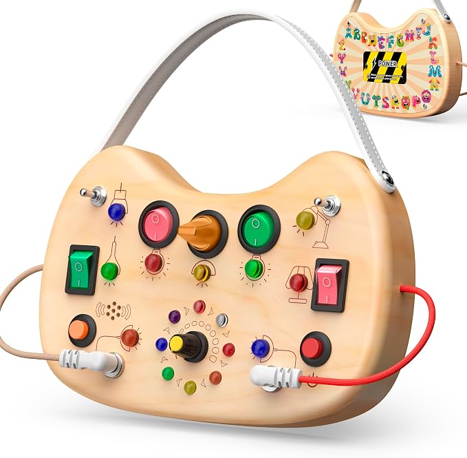 UdoUto Montessori Wooden Busy Board for Toddlers with LED Lights & Switches | Portable Activity Board, Car & Airplane Travel Toys Christmas & Birthday Gift for 1-3 Year Old Boys & Girls
