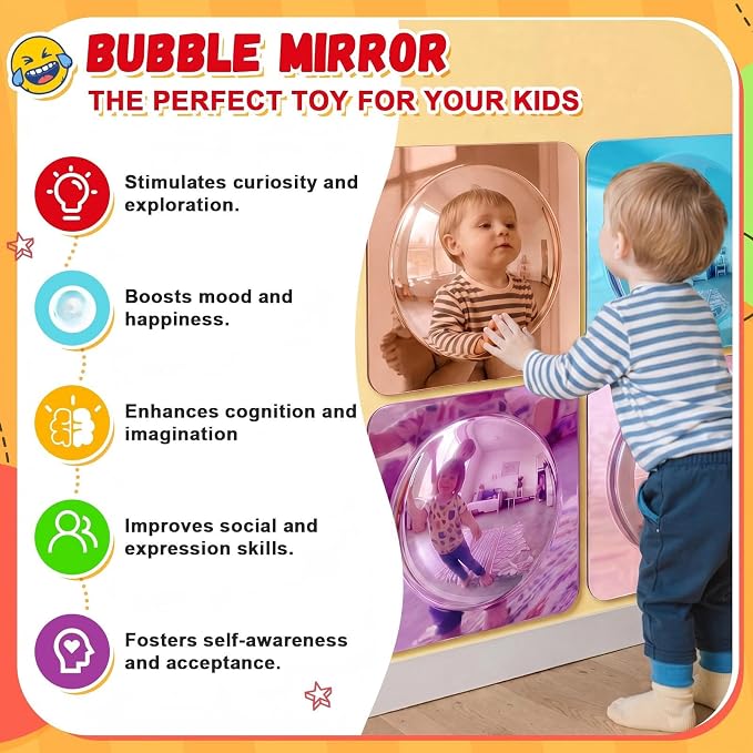 Geiserailie 4 Pcs Sensory Wall Bubble Mirrors, 10 x 10 Inch, CPC Certified | Colorful Acrylic Convex Mirrors, Sensory Room Must Haves, Classroom Learning Tool, Calming Corner, Preschool Daycare Activity