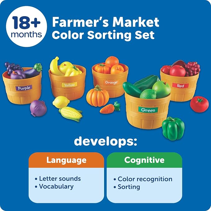 Learning Resources Farmer's Market Color Sorting Set | Pretend Play Food Sets for Kids Kitchen, Color Sorting Toys, Plastic Fruit and Vegetable Toy for Kids Kitchen Set