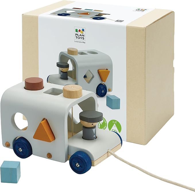 PlanToys® Wooden Shape Sorting Bus Toy for Kids Ages 3+ Montessori Play Set | pull along toy, shape sorter, color learning, girls, boys, fine motor coordination educational gift for toddlers age 3+