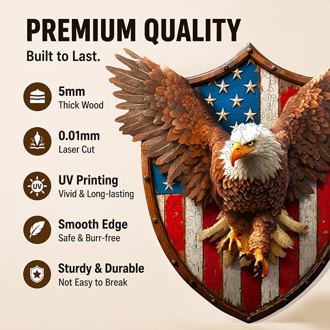USA 250th Anniversary Wooden Puzzle for Adults, 200pcs American Eagle Puzzle Wooden Jigsaw Puzzle for Adults, Irregular Unique Shaped Wood Puzzle, Challenging Puzzle Gifts for Men & Veterans