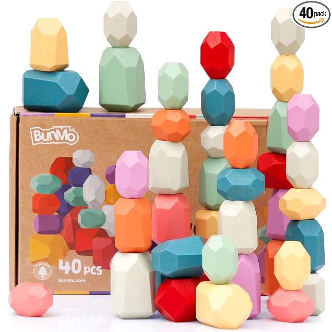 BUNMO Wooden Blocks 40 pcs, Non-Toxic Toddler Toys | Perfect as Sensory Table Stacking Rocks | Toddler Montessori Toys for Screen-Free, Hands-On Fun | Wood Blocks or Stacking Stones for Building