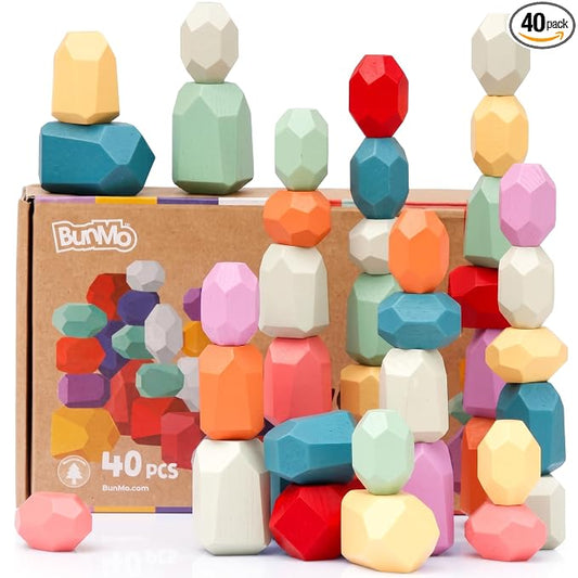 BUNMO Wooden Blocks 40 pcs, Non-Toxic Toddler Toys | Perfect as Sensory Table Stacking Rocks | Toddler Montessori Toys for Screen-Free, Hands-On Fun | Wood Blocks or Stacking Stones for Building