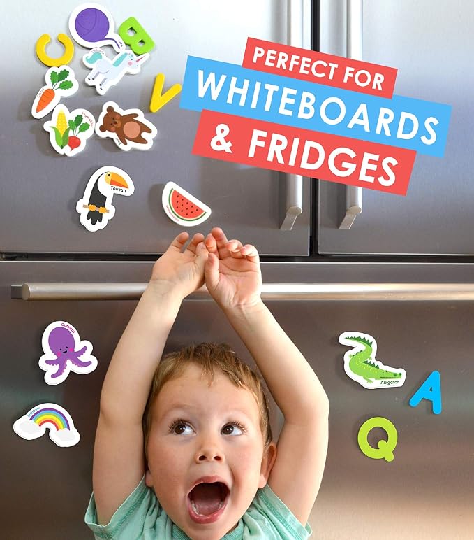Curious Columbus Magnetic Objects and Letters, Foam Fridge Magnets for Kids | 52 Pictures and 26 Uppercase Alphabet Magnets from A-Z, Educational Toy for Preschool Learning, Full Magnetic Backing