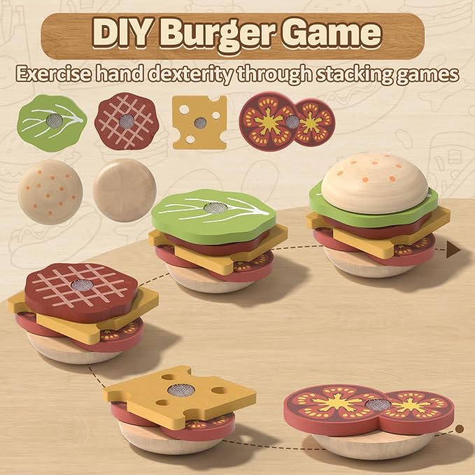 Lehoo Castle Wooden Play Food Set for Toddlers, Play Kitchen Accessories | Pretend Play Cutting Toys, with Storage Bag, Fruits, Hamburger, Plates, Cutlery, Montessori Toys for Girls Boys Kids 3-5