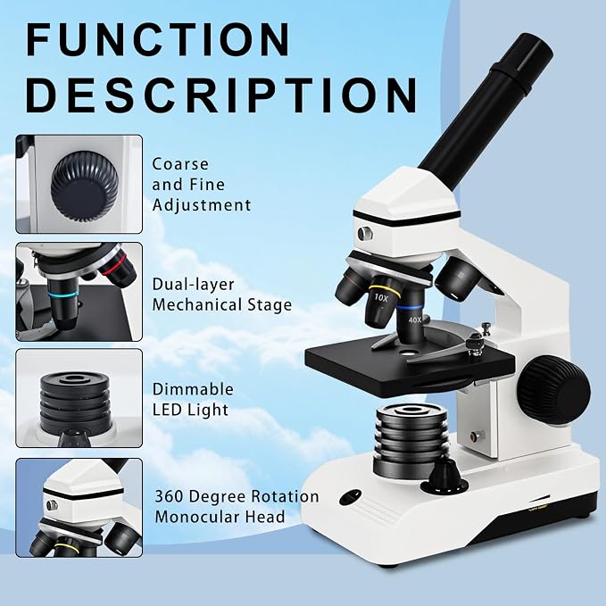 M2 Dual Power Supply Compound Monocular Microscope 40X-2000X for Adults & Students All-Metal STEM Lab Kit with Glass Optics, Dual LED, Slides & Carry Case