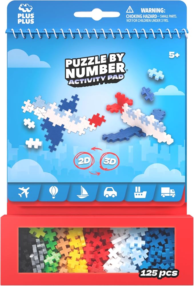 PLUS PLUS Puzzle By Number Activity Pad, Transportation - Building Blocks | Roadtrip Essentials for Kids, Interlocking Waffle Blocks, Stem Toy, Airplane Activities for Kids, Kid Car Ride Must Haves