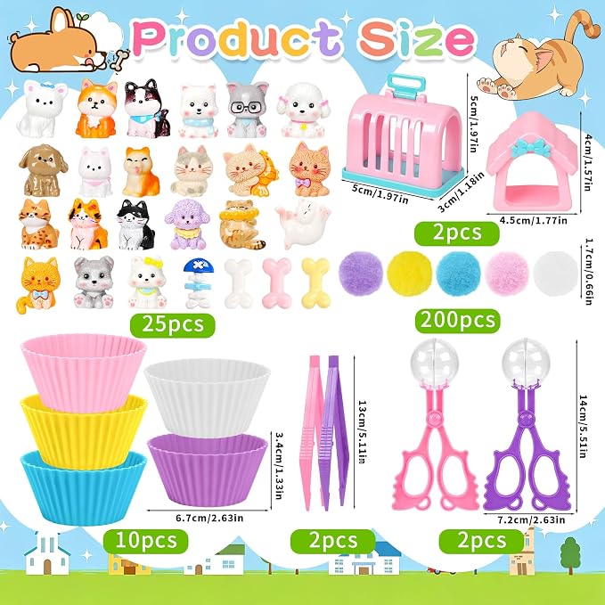 240Pcs Pet Sensory Bin Fillers -Pet Fine Motor Sensory Bin with Pom Poms Dog Cat Resin Cups Tweezers for Counting Sorting Training