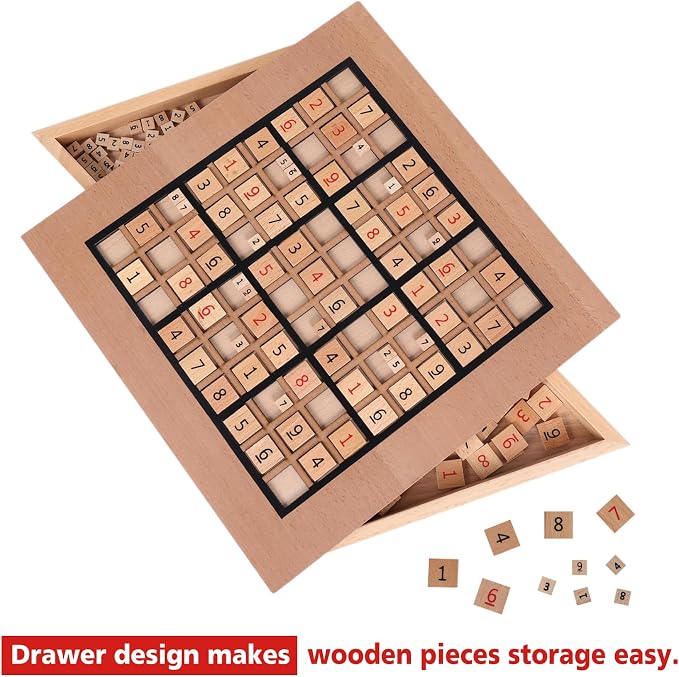 GOTHINK Wooden Sudoku Puzzle Set, Challenge Your Mind with 11.6 Inch Sudoku Board Game, Includes 90 Large Number & Thinking Tiles, 2 Drawers for Storage, for All Ages