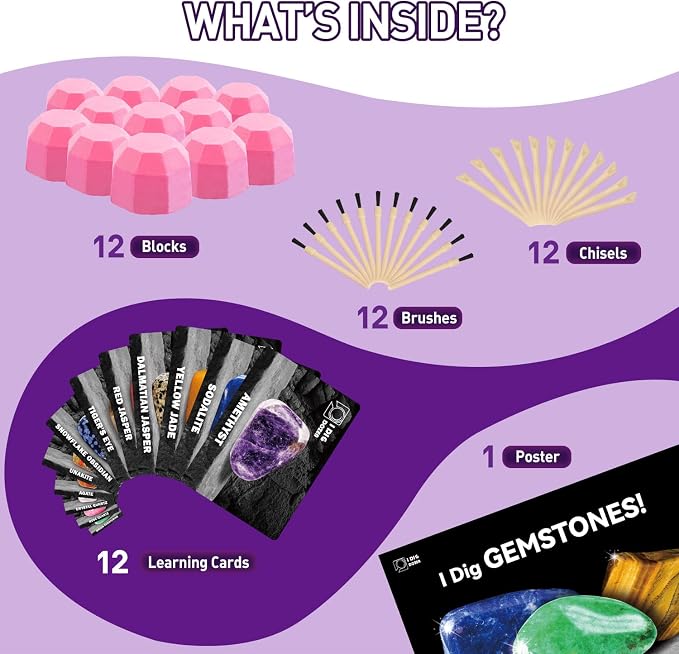 Gamerside Gemstones Dig Kit, 12 Real Gem Mining Kit, STEM Toy 6+ | Dig It Up Gemstones & Minerals, 12 Digging Tools Included, Perfect for Party Favors & Group Activities, Great Gift for Kids