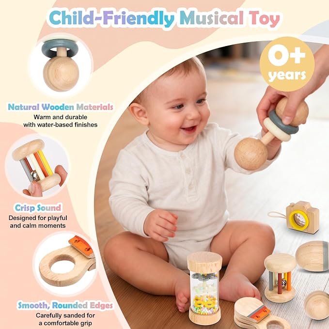 Montessori Wooden Baby Toys 0-12 Months, 7-Piece Sensory Rattle & Music Set | Rain Sound Tube and Rattle Roller for grasping, shaking, rolling, sound discovery and visual exploration with Storage Bag