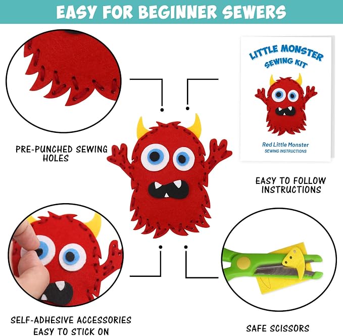 CiyvoLyeen Kids Sewing Kit Crafts – Little Monsters Felt Plush DIY Craft Adopt A Monster Educational Sewing Set for Kids Beginner Craft Kit Set of 8