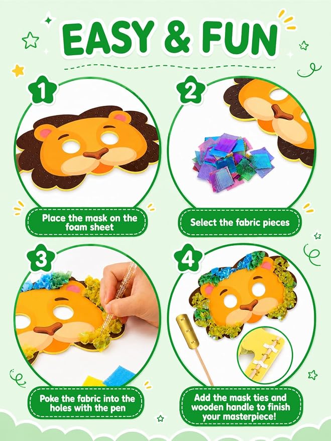 Kivonio Poke Art - Animal Masks, Mess-Free Fun for Kids, DIY Wood Craft Kits, Creative Activity, Gifts for Girls & Boys Ages 4, 5, 6, 7, 8, 9 Fine Motor Skills, Screen-Free