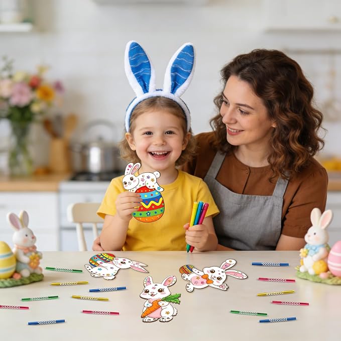 Wooden Easter Bunny Wind Chime Kits Make Your Own Easter Crafts for Kid Coloring DIY Easter Rabbit Wind Chime for Spring Party School Classroom Hanging Decoration Supplies Birthday Favor 6 Pack