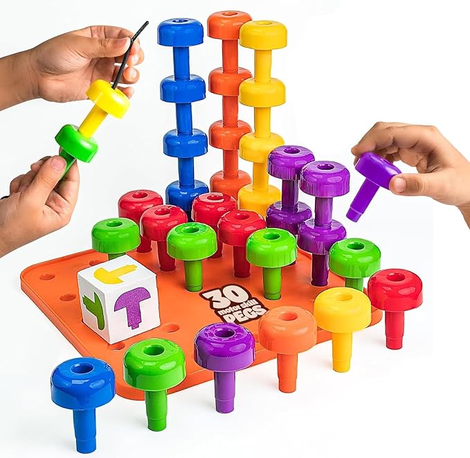 Peg Board Set, Montessori, 33 Pc Plastic, Pegs, Dice, Lacing | Occupational Therapy Toys with Pegs, Dice, Lacing String & Storage Bag, Educational, Sensory