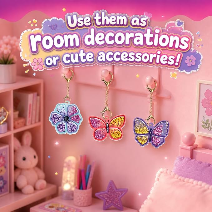 DIY Glitter Craft Kit with Keychains - Mess-Free Arts and Crafts for Kids Ages 4-8, Fun Shake-It Activity, Creative Travel Toys, Party Favors & Birthday Gifts for Girls 4-9