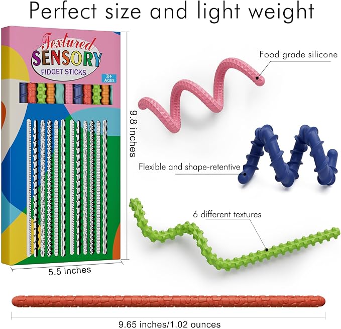 Sensory Fidget Toys for Kids Adults,12PCS Flexible Fidget Sticks for Stress Anxiety Autistic ADHD, Calm Down Travel Airplane Classroom Students Prizes Toys, Stocking Stuffers for Teens Boys Girls