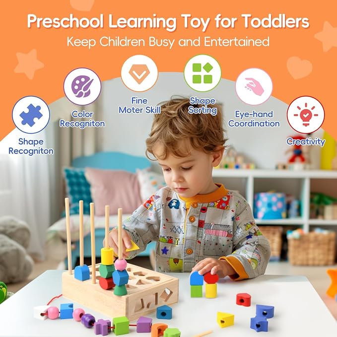 Sewulidon 3 in 1 Wooden Color Sorting Stacking Toys, Montessori Toys Geometric Shape Sorter Matching Lacing Beads Sequencing Toy Set Preschool Learning Fine Motor Skills for Toddlers 3 4 5 Years
