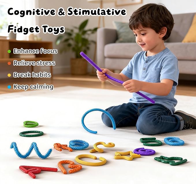 Sensory Fidget Sticks for Kids, Textured Silicone Quiet Toys 16 Pack | Sensory Fidget Sticks for Kids, Flexible Textured Silicone Quiet Desk Toys for Classroom, Travel & Easter Basket Gifts