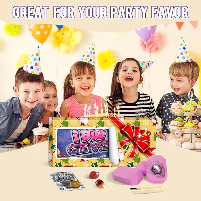 Gamerside Gem Dig Kit, 12 Real Gem Stone Crystals & Rocks, STEM Toys 6+ | Excavate Gemstones & Minerals, Complete Rock Digging Kit, Learning Guide Included, Great Birthday Gift for Young Scientists