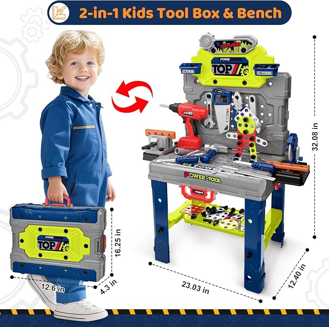 Kids Tool Bench with Electric Drill, Toddler Tool Set for Boys Ages 3-5 6-8 | 132 Pcs Kids Tool Set with Toddler Tool Box & Tool Bench, Christmas Birthday Gifts Toys for Boys Ages 3 4 5 6 7 8+ (Green)
