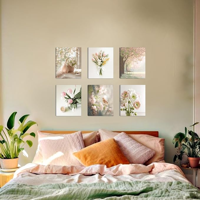 HOURIA 6Pcs Spring Flower Canvas Wall Art Set(8”x10”),Pink Green White Floral Botanical Wall Decor,Spring Nature Landscape Tulip Flowers Daisy Sparrow Art Prints for Farmhouse Living Room Bedroom Home