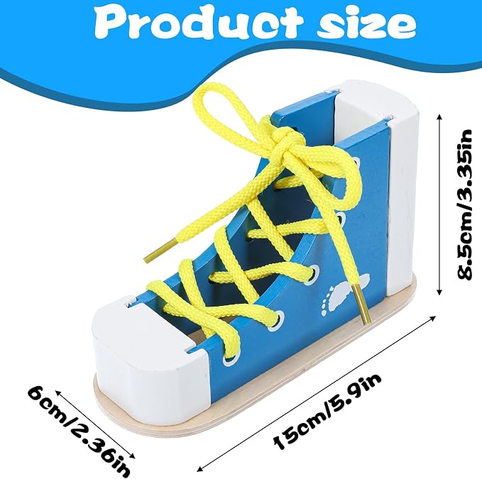 Learn to Tie Shoes for Kids Wooden Lacing Sneaker, Blue | Educational Toy, Safe & Reusable, Wooden Shoe Tying Practice Kit, Wood Lacing Sneaker Toy, for Tie-Up Shoe Practice
