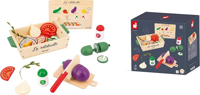 JANOD Ratatouille J06626 J06626 Set of 32 Kitchen Accessories with Recipe, Utensil and Imitation Vegetables, FSC Wooden Toy, Ages 3 and Above, Multi-Coloured