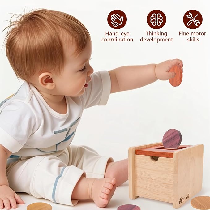 Adena Montessori Wooden Coin Box with Lid Object Permanence 6-12 Months | Solid wood smooth edges, flip lid, 6 coins, three tones. Builds grip, focus, fine motor, hand-eye. For 6-12 months. Gift.