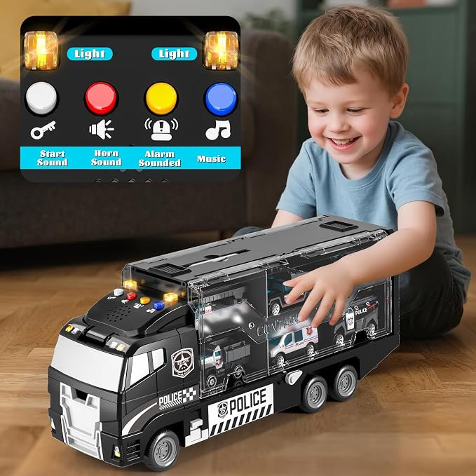Toddler Boy Police Car Toy Set with Light & Sound,Die-Cast Toy Car,Play Mat | Police Car Toy Trucks for Boys Age 4-7,Birthday & Christmas Gift for Boys & Girl,Friction Powered Truck Toy for Kids Ages 4-8