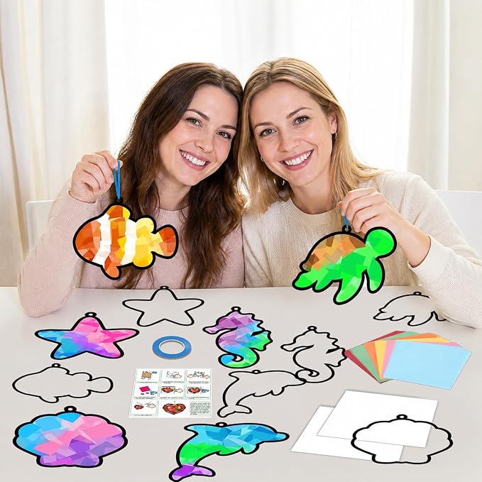 Qyeahkj 36 Set Sea Animals Suncatchers Craft for DIY Summer Tissue Paper Craft Kit Under the Sea Stained Glass Window Ornaments Decoration for Home Art Project Party Favor Gift