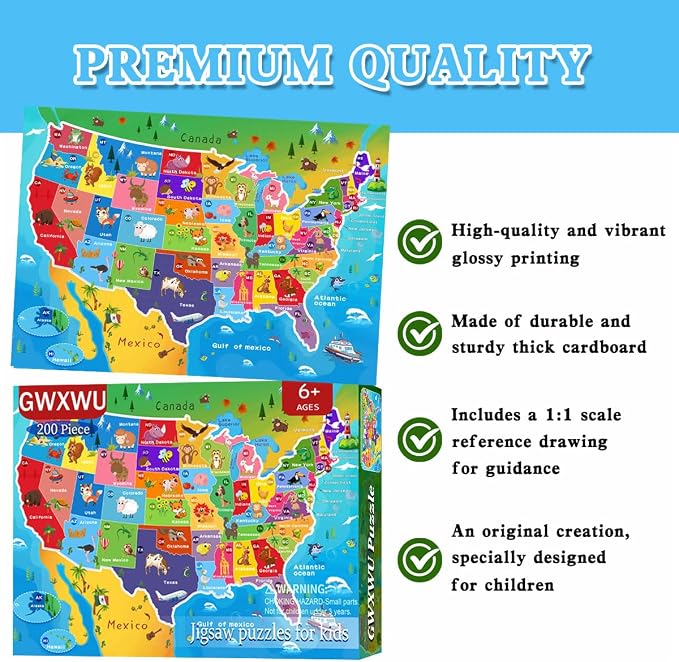 Puzzles for Kids Ages 6-8 & 8-10, 200 Piece USA Map Jigsaw Puzzle | Educational Learning Toy Jigsaw Puzzles for Kids Ages 10-12, Great Birthday & Holiday Gift for Boys and Girls, Home Decor