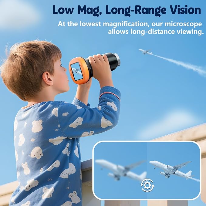 Odatay 2.4" 4K 1000X Digital Kids Microscope with 32G Card 12 Slides Orange | Long distance viewing, portable handheld edu gift toys for age 3-12, exploring bugs plants at home classroom & outdoor travel
