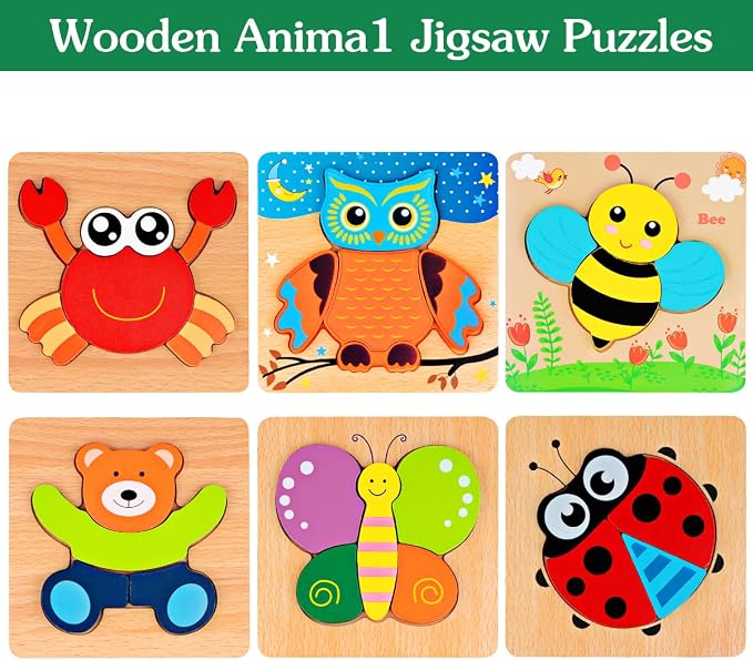 Wooden Toddler Puzzles Montessori Toys: Gifts for 1 2 3 Year Old Boys Girls | Animal Jigsaw Puzzles for Toddlers Ages 1-3 2-4 - Baby Kids Learning Educational Preschool Toys Christmas Birthday Gifts