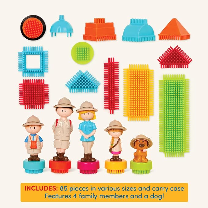Battat Bristle Blocks Safari Adventure Carrying Case, 85-Piece Set, Playset | Interlocking building blocks with toy characters, a little dog, and reusable carry case for storage and travel, 2+ Years