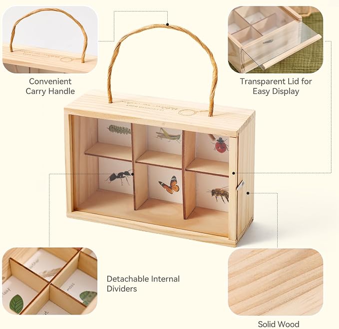 Wooden Scavenger Hunt for Kids Ages 4-8, 6-in-1 Explorer Kit, Bug Catching Kit with Scavenger Hunt Cards, Storage Box, Dice, Magnifying Glass, Indoor/Outdoor Games for Kids Ages 4+