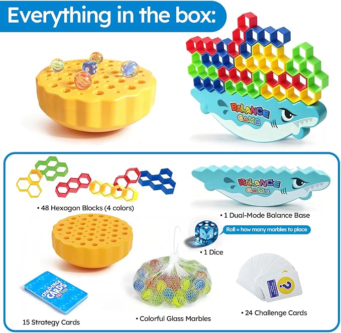 3-in-1 Balance Game, Stacking & Marble Game for Kids | 3 games in 1—stack blocks, solve challenge cards, and balance marbles while building STEM skills through fun family play.