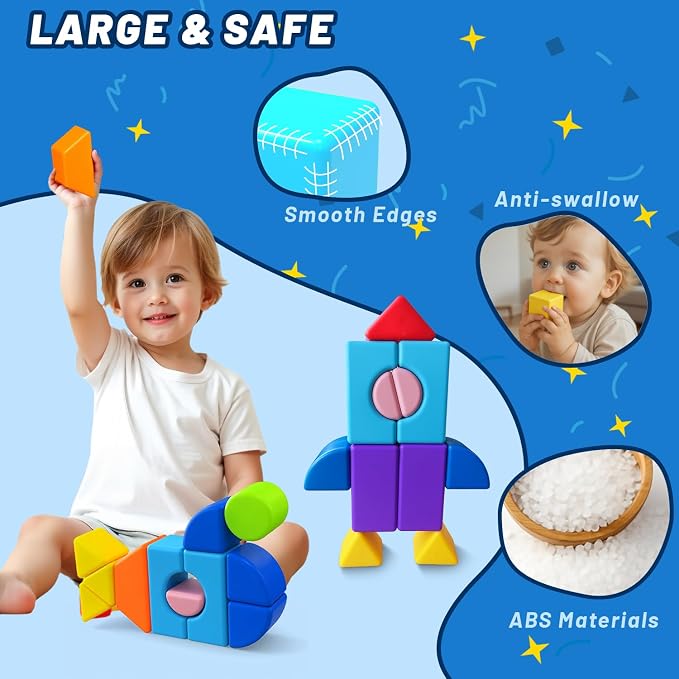 Pairez Toys Large Magnetic Building Blocks for Kids, 22pcs Magnet Toys | Toddlers Magnet Blocks in 8 Shapes & 8 Colors, 1.65in Large Building Set, Preschool Learning Toy for Boys & Girls Ages 3+
