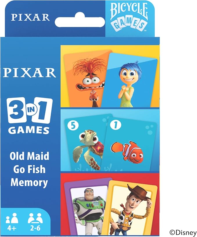 Bicycle Disney Pixar 3-in-1 Card Games Old Maid Go Fish Memory Kids Ages 4 | 3 games in 1 set Old Maid Go Fish and Memory, Toy Story Finding Nemo and Inside Out characters, Ages 4 and up