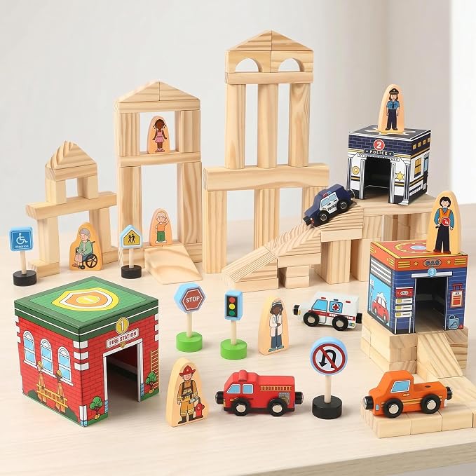 Atoylink Wooden Building Blocks for Toddlers 1-3, 108Pcs Sorting & Stacking Toys with Community Helpers & Magnetic Wooden Cars, Baby Nesting Boxes Preschool Montessori Toys for Boys Girls Gift