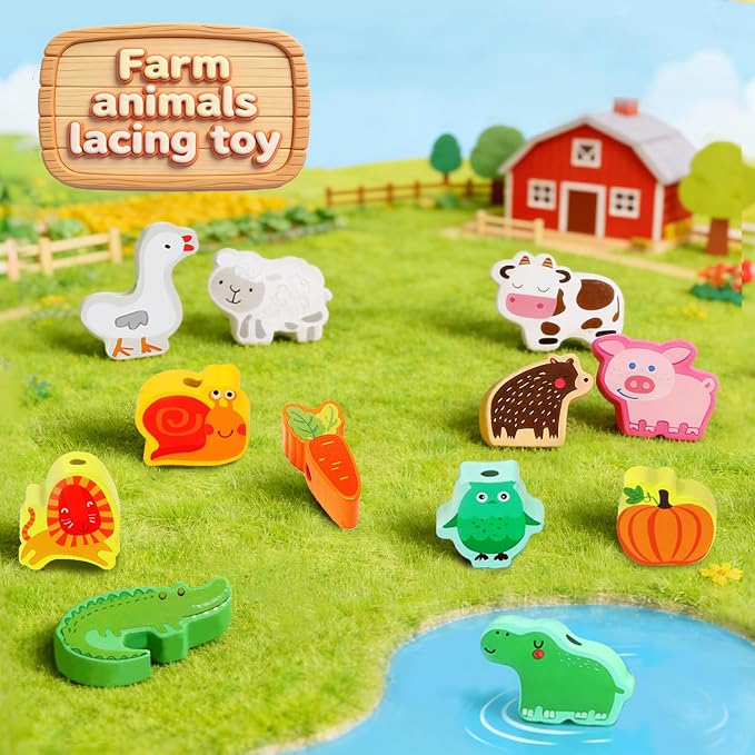 Montessori Educational Wooden Lacing Beads Toys for Toddler 3 4 5 Year Old, Farm Animals Fruits Vegetables Threading Toys Preschool Stringing Fine Motor Skills Toy for Boys Girls [with 3D Stickers]