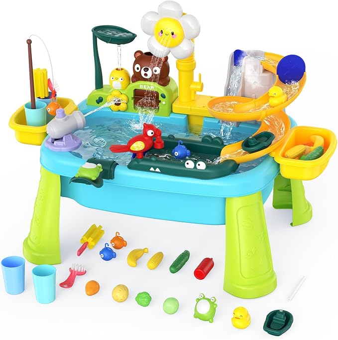 Water Table for Toddlers 1-3, Outdoor Toys for Kids Ages 4-8 with Pump, Kitchen Play Sink with Running Water, Fishing Toys Playset, Summer Outside Sand Water Sensory Activity Pool Toys Gifts, Blue